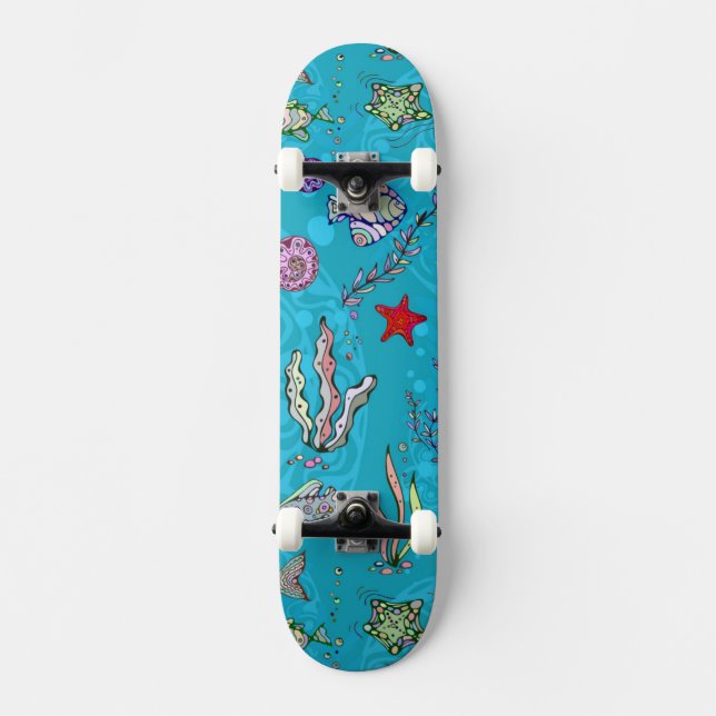 Turquoise Fish Pattern Skateboard Deck (Front)