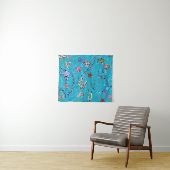 Turquoise Fish Pattern Tapestry (In Situ (Horizontal))