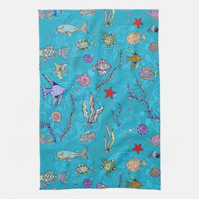 Turquoise Fish Pattern Towel (Vertical)