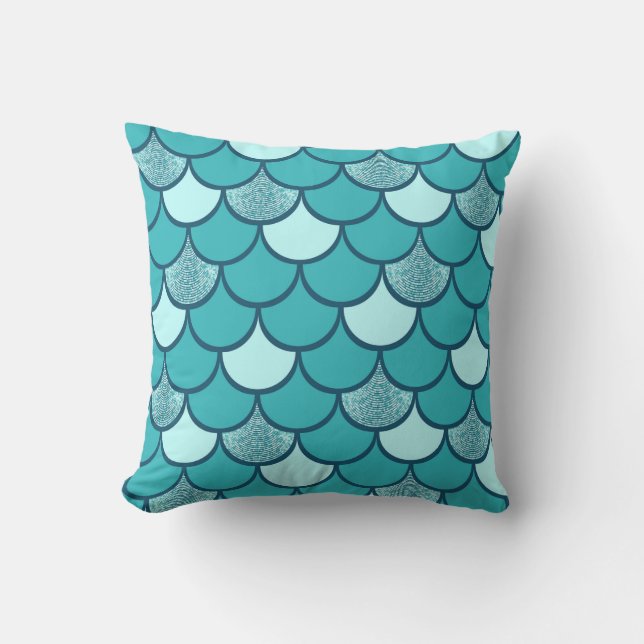 Turquoise  fish scale pattern with glitter effect throw pillow (Front)