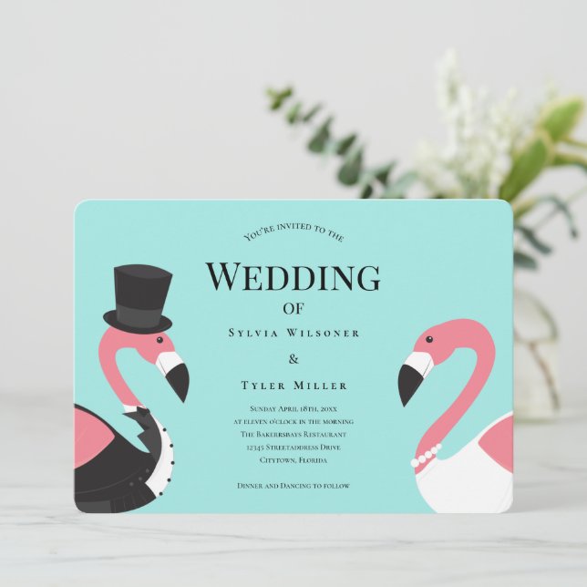 Turquoise Flamingo Wedding Invitation (Standing Front)
