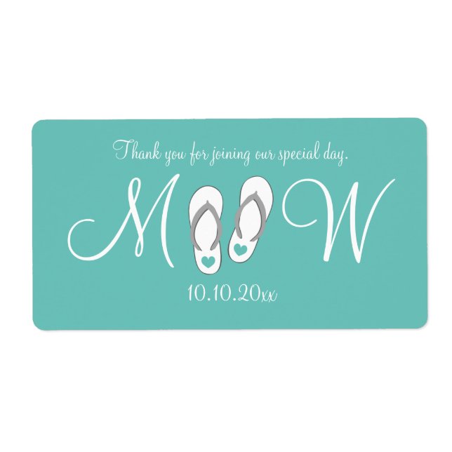 Turquoise flip flops wedding water bottle labels (Front)