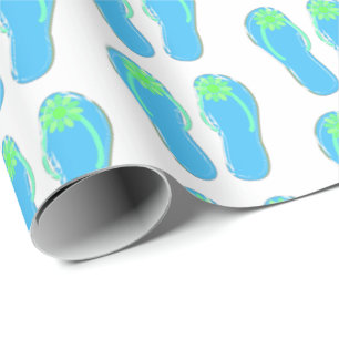 turquoise flip-flops with green flower wrapping paper