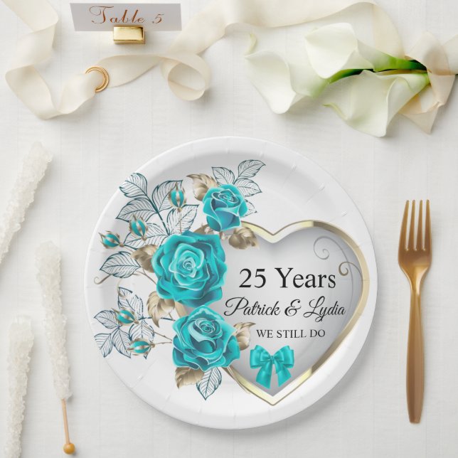 Turquoise Floral 25th Anniversary - I STILL DO Paper Plates (Wedding)