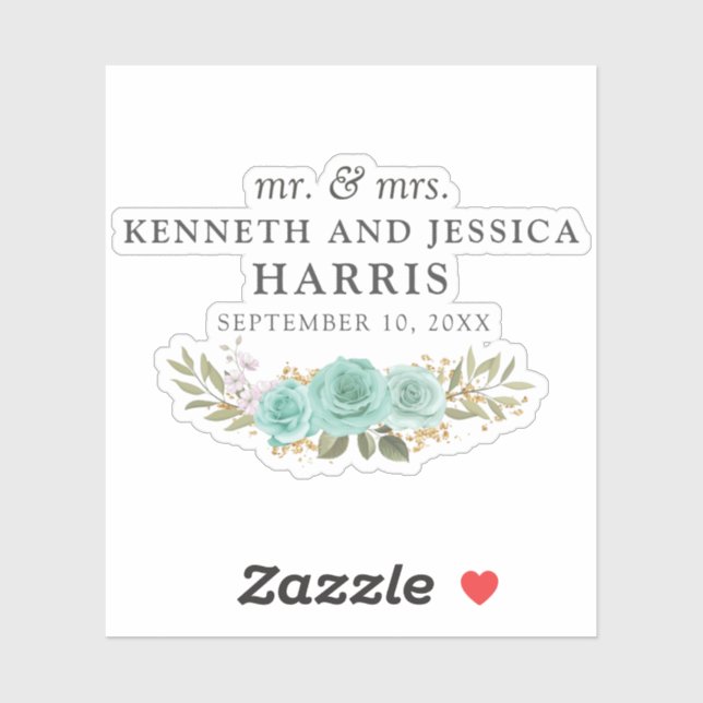Turquoise Floral Blue Roses Names & Wedding Date Sticker (Sheet)
