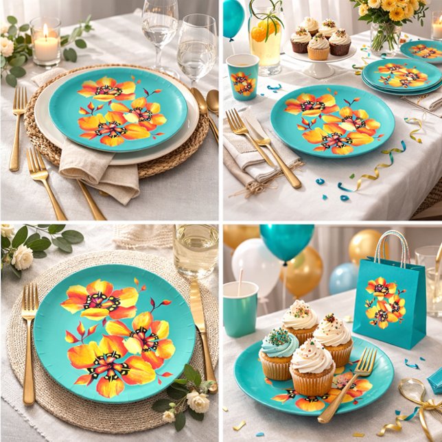Turquoise Floral Bright Orange Yellow Flower Paper Plates (Creator Uploaded)