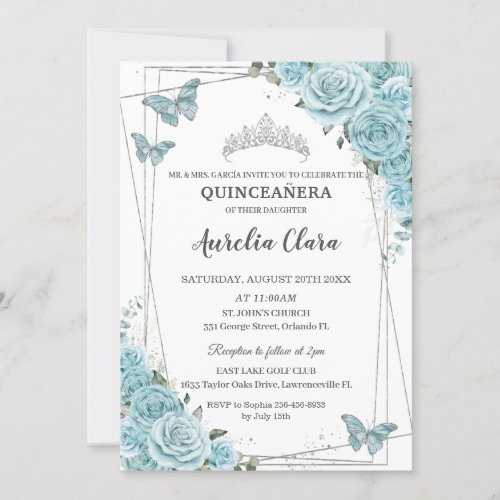 Turquoise Floral Butterflies Silver Quinceaera Invitation