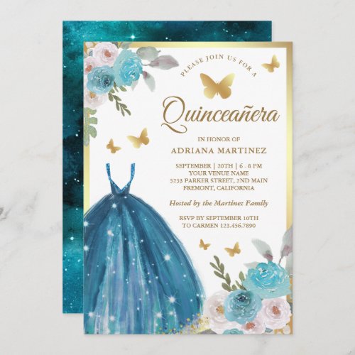 Turquoise Floral Dress Butterfly Gold Quinceanera Invitation