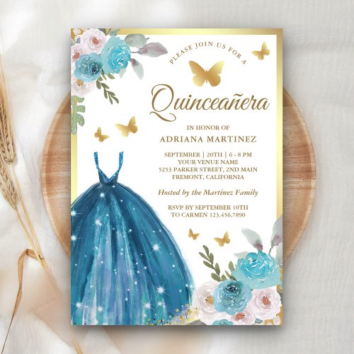 Turquoise Floral Dress Butterfly Gold Quinceanera Invitation