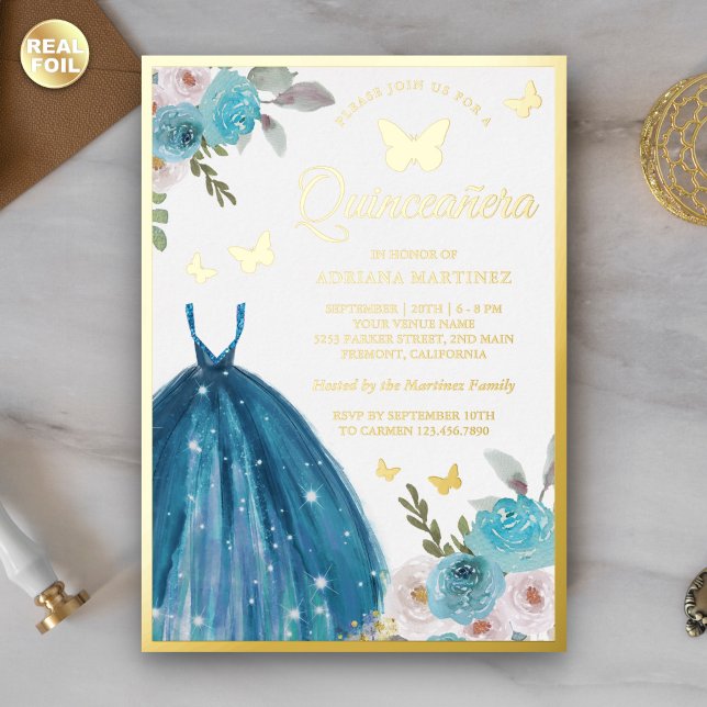Turquoise Floral Dress Butterfly Quinceanera Gold Foil Invitation (Creator Uploaded)