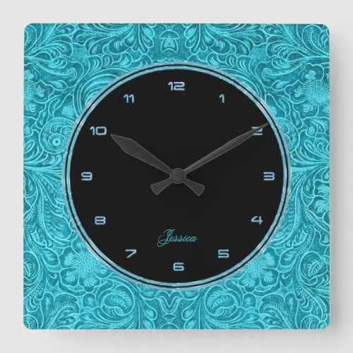Turquoise Floral Faux Leather Embossed Look 2 Square Wall Clock