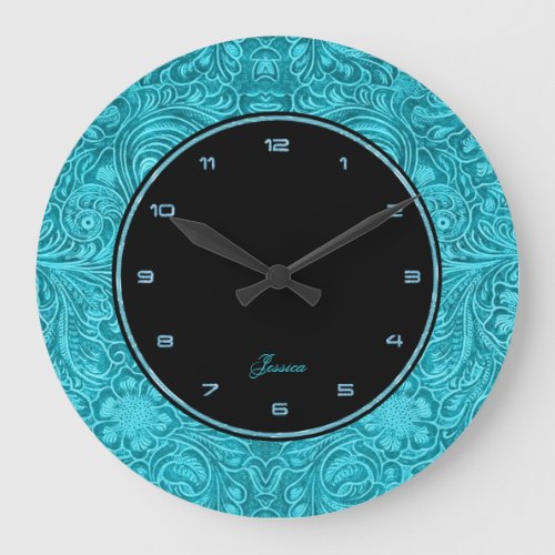 Turquoise Floral Faux Leather Embossed Look Large Clock