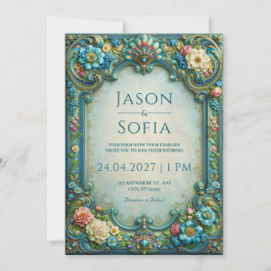 Turquoise Floral Filigree Wedding Invitation