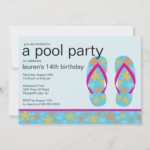 Turquoise Floral Flip Flops Pool Party Invitation
