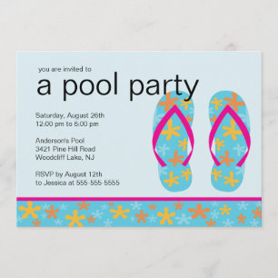 Turquoise Floral Flip Flops Pool Party Invitation