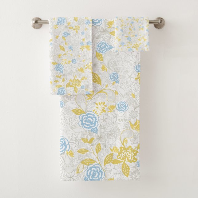 Turquoise Floral Flower Seamless Pattern Bath Towel Set (Insitu)