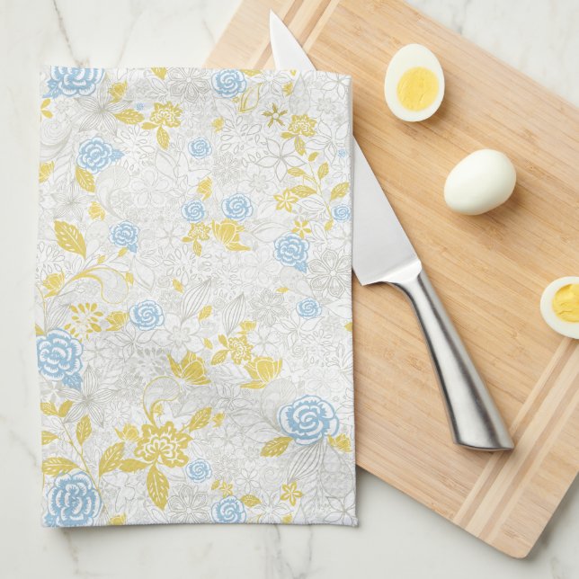 Turquoise Floral Flower Seamless Pattern Kitchen Towel (Quarter Fold)