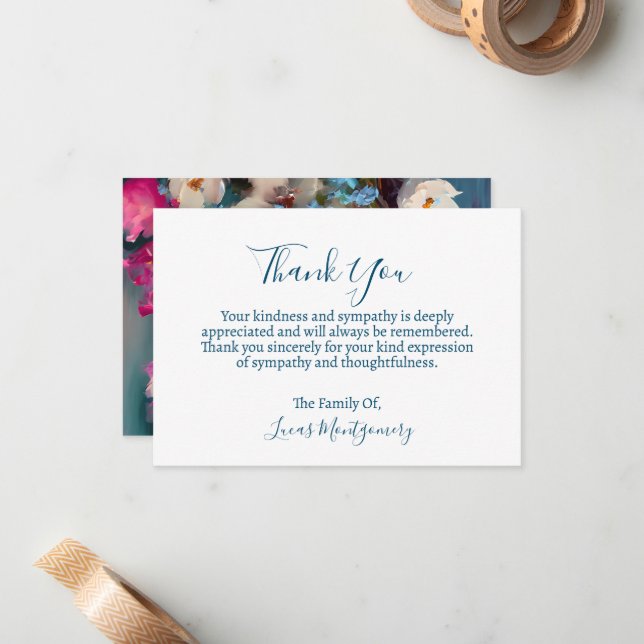 Turquoise Floral Funeral Thank You, Sympathy   Note Card (Front/Back In Situ)
