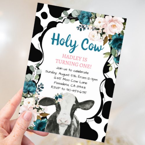 Turquoise Floral Holy Cow Im One First Birthday Invitation