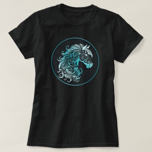 Turquoise floral horse head leather embossed T_Shirt