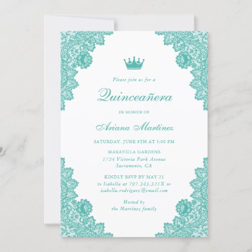 Turquoise Floral Lace Quinceaera 15th Birthday Invitation