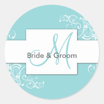 Turquoise Floral Monogram Wedding Stickers by PMCustomWeddings at Zazzle