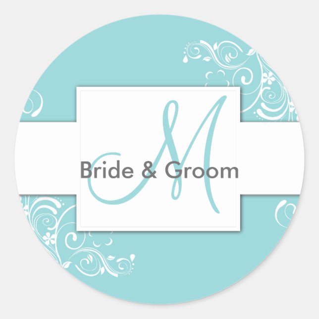 Turquoise Floral Monogram Wedding Stickers (Front)