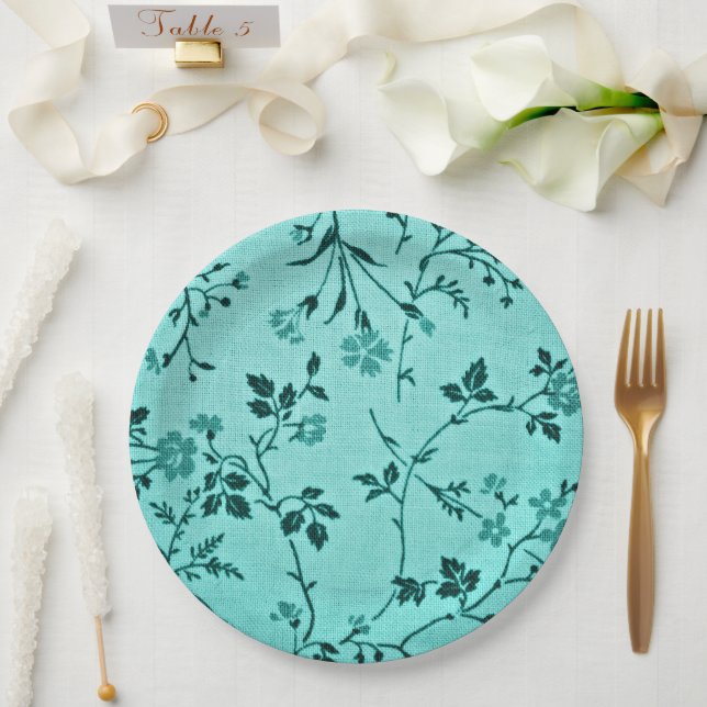 Turquoise floral pattern paper plates (Wedding)