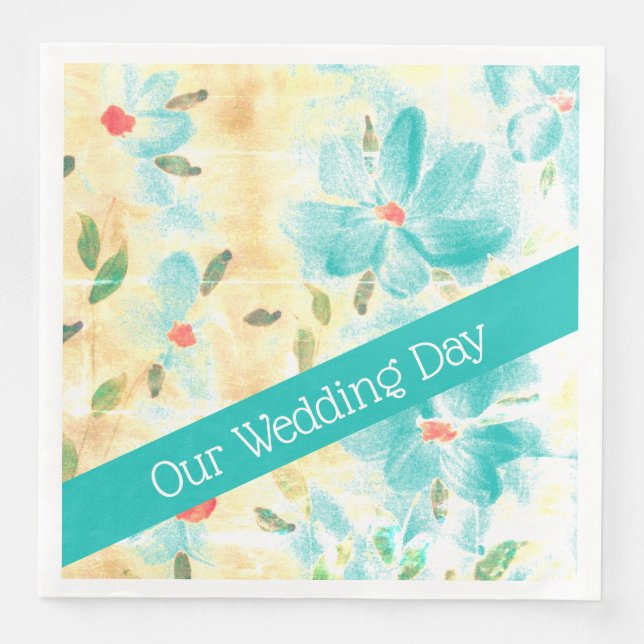 Turquoise Floral Patterned Paper Dinner Napkins (Front)