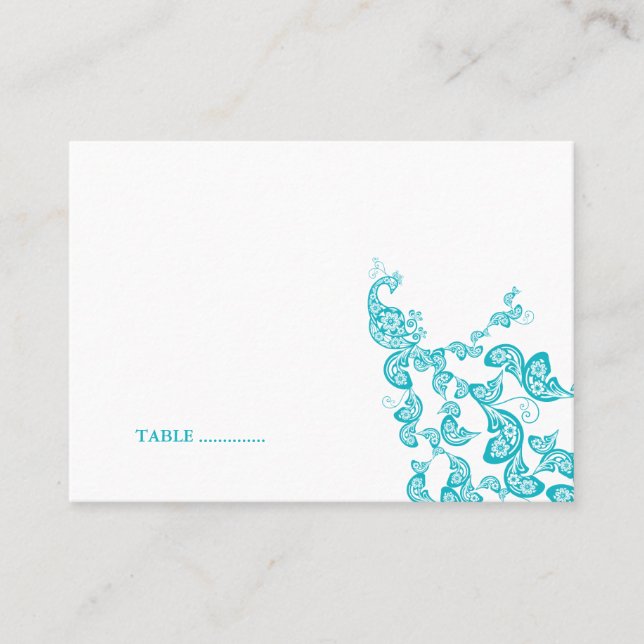 Turquoise Floral Peacock (R) Custom Place Card (Front)