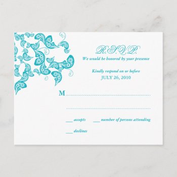 Turquoise Floral Peacock Reply / Rsvp Postcard by fatfatin_blue_knot at Zazzle