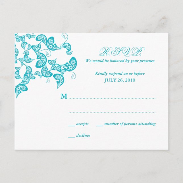 Turquoise Floral Peacock Reply / RSVP Postcard (Front)