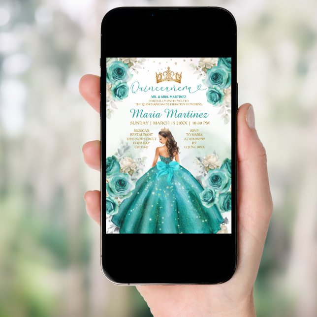 Turquoise Floral Princess Gold Crown Quiñceanera Invitation (Front Digital)