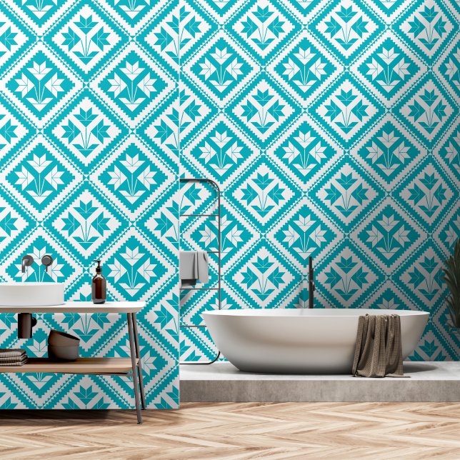 Turquoise Floral Quilt Wallpaper (Bathroom)