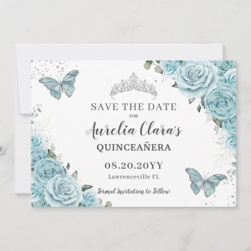 Turquoise Floral Quinceanera Sweet 16 Butterflies Save The Date
