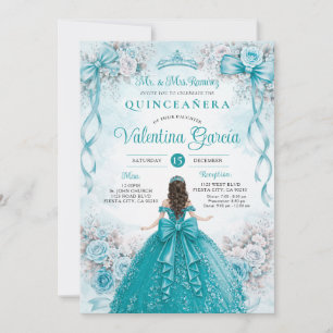 Turquoise Floral Ribbon Bow Quinceañera Birthday Invitation