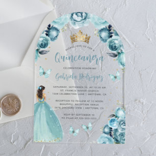 Turquoise Floral Roses Watercolor Quinceañera Acrylic Invitations