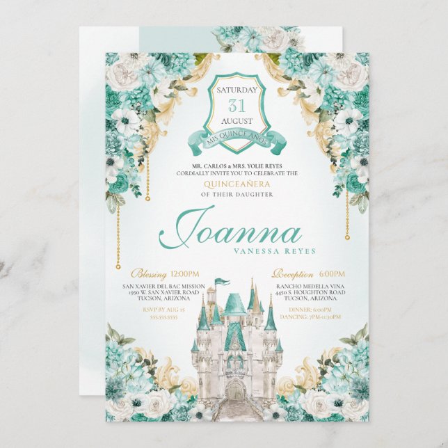 Turquoise Floral Royal Castle Princess Quinceanera Invitation (Front/Back)