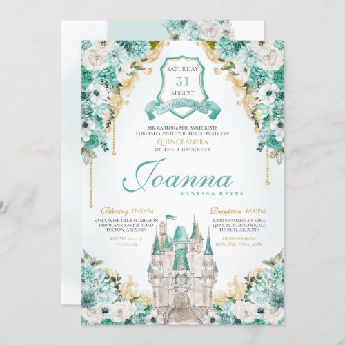 Turquoise Floral Royal Castle Princess Quinceanera Invitation