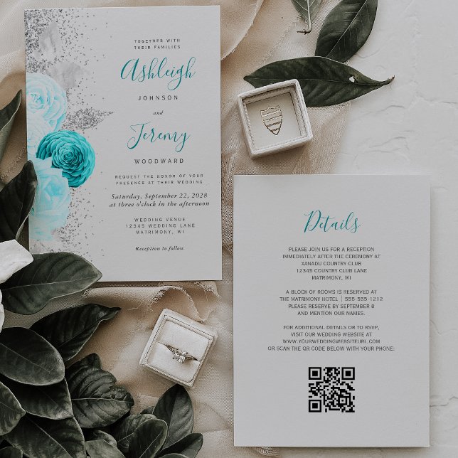 Turquoise Floral Silver Gray QR Code Wedding Invitation (Creator Uploaded)