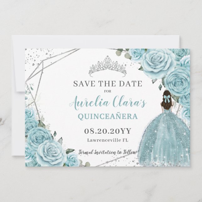 Turquoise Floral Silver Quinceanera Sweet Sixteen Save The Date (Front)