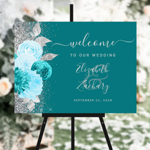 Turquoise Floral Silver Wedding Welcome Foam Board