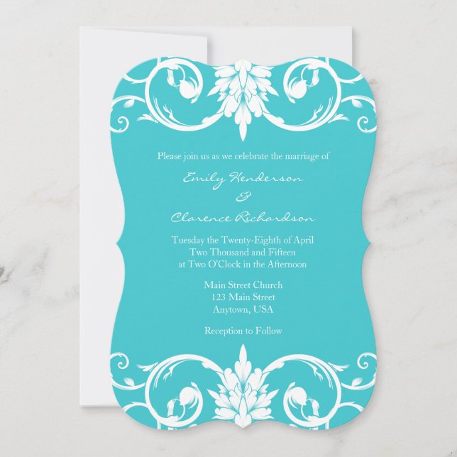 Turquoise Floral Swirls Bracket Wedding Invitation (Front)