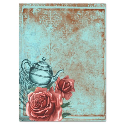 Turquoise Floral Teapot Decoupage Tissue Paper