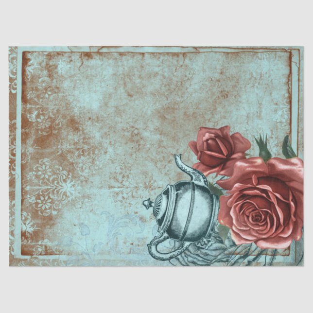 Turquoise Floral Teapot Decoupage Tissue Paper (Front)