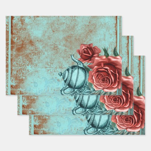 Turquoise Floral Teapot Wrapping Paper Sheets