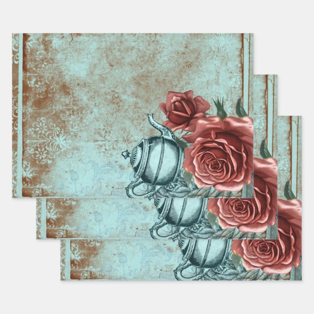 Turquoise Floral Teapot Wrapping Paper Sheets (Set)