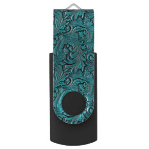 Turquoise floral tooled embossed leather cowgirl flash drive