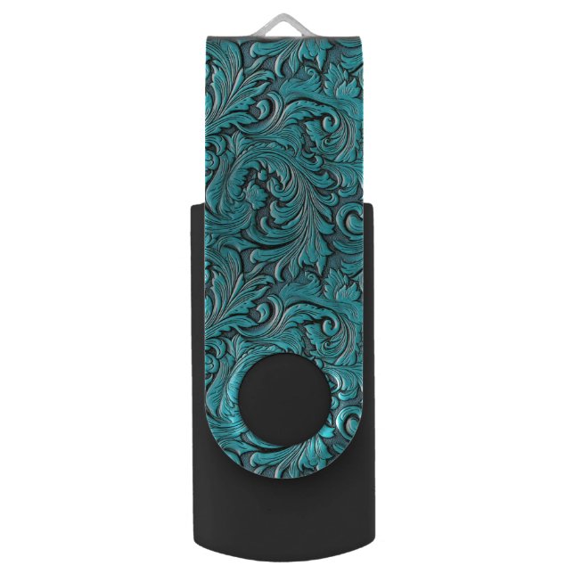 Turquoise floral tooled embossed leather cowgirl  flash drive (Front Vertical)