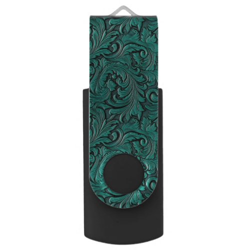 Turquoise floral tooled embossed leather cowgirl  flash drive